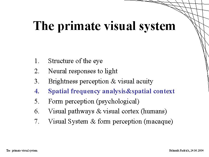 The primate visual system 1. 2. 3. 4. 5. 6. 7. The primate visual