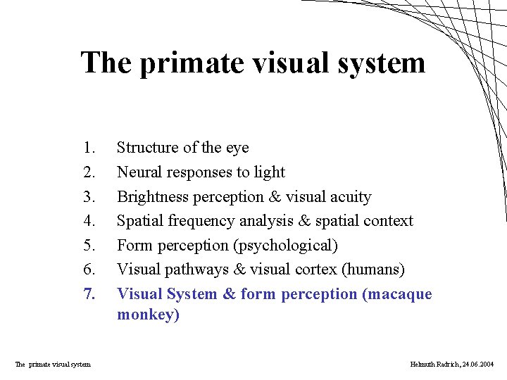 The primate visual system 1. 2. 3. 4. 5. 6. 7. The primate visual