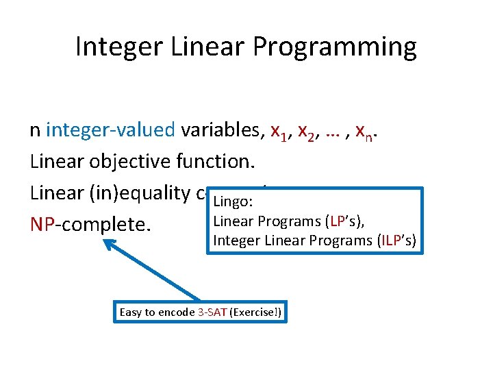 Integer Linear Programming n integer-valued variables, x 1, x 2, … , xn. Linear