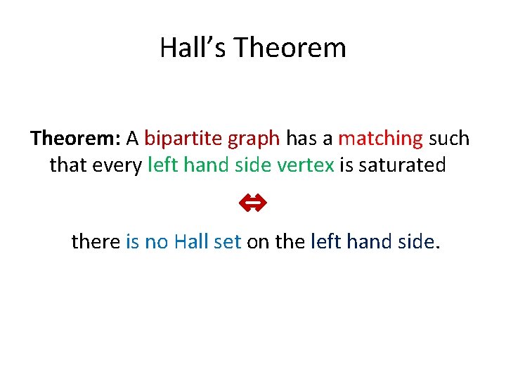 Hall’s Theorem: A bipartite graph has a matching such that every left hand side