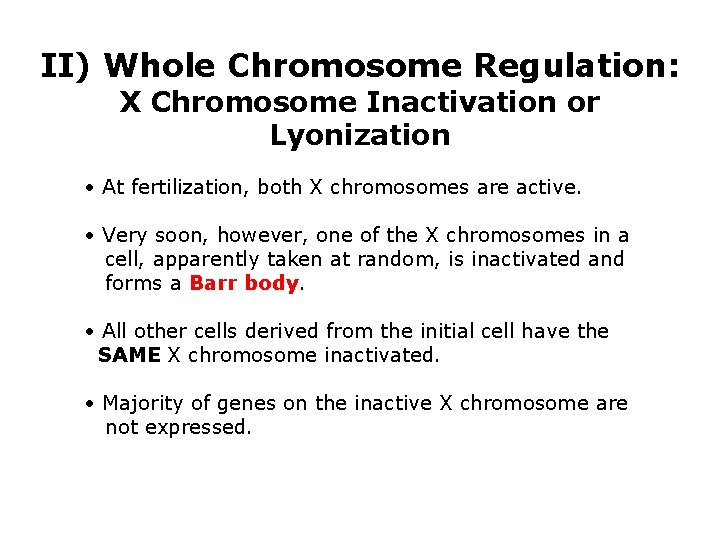 II) Whole Chromosome Regulation: X Chromosome Inactivation or Lyonization • At fertilization, both X