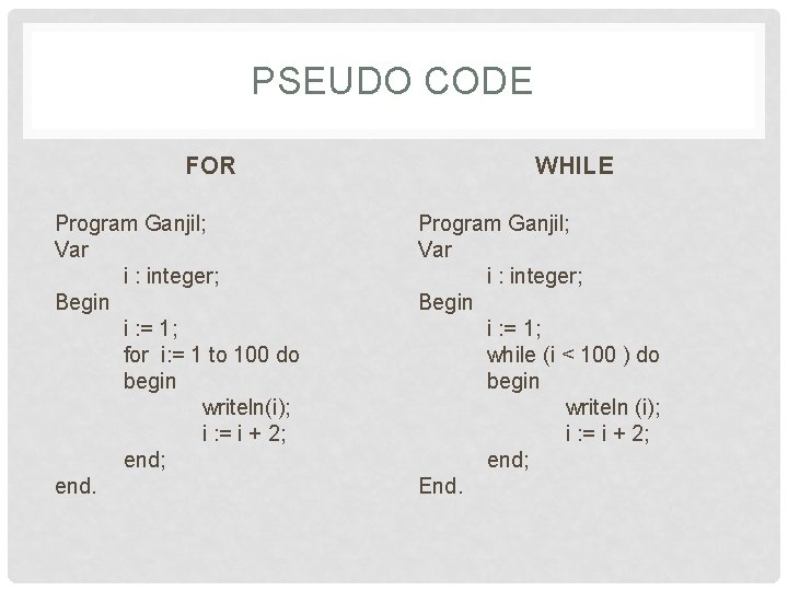 PSEUDO CODE FOR Program Ganjil; Var i : integer; Begin i : = 1;
