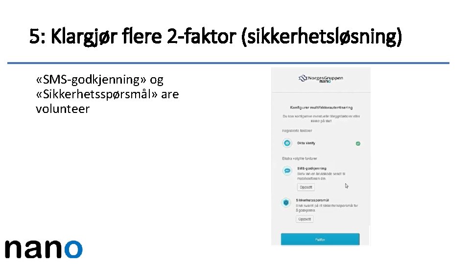 5: Klargjør flere 2 -faktor (sikkerhetsløsning) «SMS-godkjenning» og «Sikkerhetsspørsmål» are volunteer 