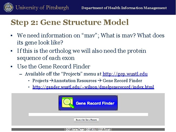 Department of Health Information Management Step 2: Gene Structure Model • We need information
