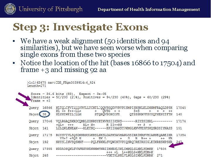 Department of Health Information Management Step 3: Investigate Exons • We have a weak