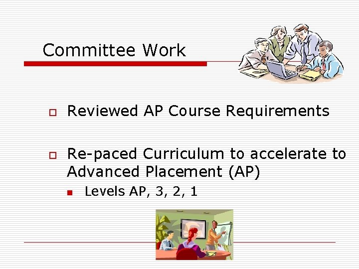 Committee Work o o Reviewed AP Course Requirements Re-paced Curriculum to accelerate to Advanced