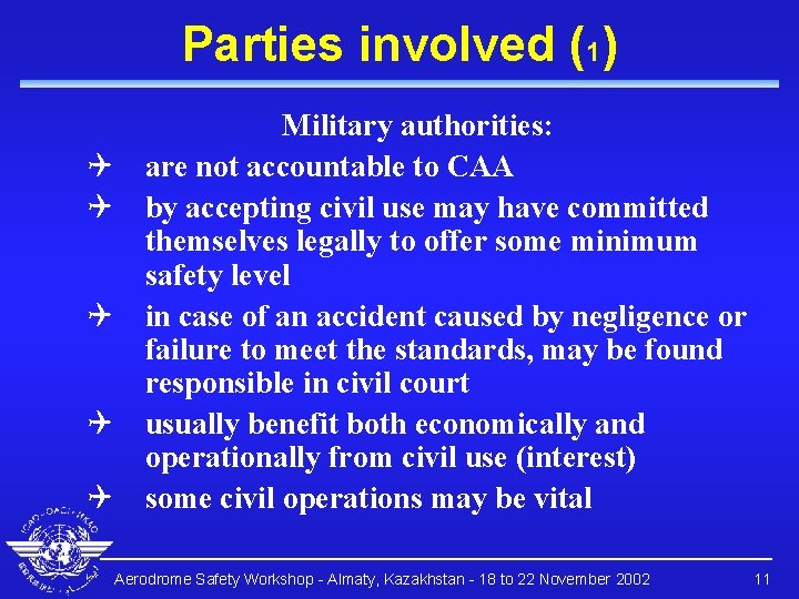 Parties involved (1) Q Q Q Military authorities: are not accountable to CAA by