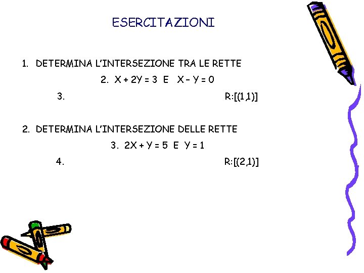 ESERCITAZIONI 1. DETERMINA L’INTERSEZIONE TRA LE RETTE 2. X + 2 Y = 3