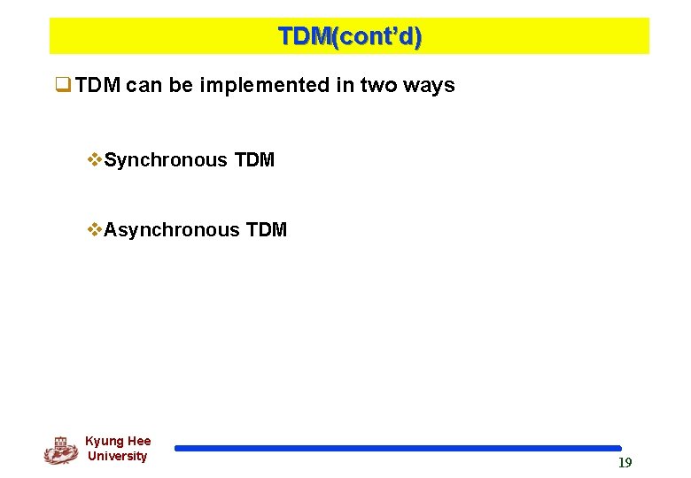 TDM(cont’d) q. TDM can be implemented in two ways v. Synchronous TDM v. Asynchronous