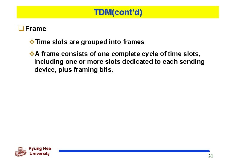 TDM(cont’d) q. Frame v. Time slots are grouped into frames v. A frame consists
