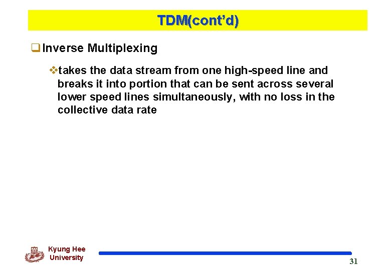 TDM(cont’d) q. Inverse Multiplexing vtakes the data stream from one high-speed line and breaks
