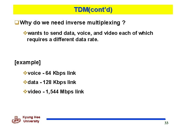 TDM(cont’d) q. Why do we need inverse multiplexing ? vwants to send data, voice,