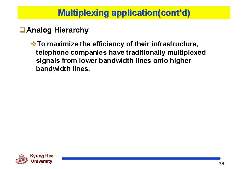 Multiplexing application(cont’d) q. Analog Hierarchy v. To maximize the efficiency of their infrastructure, telephone