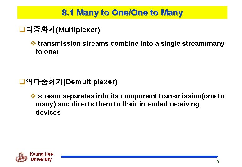 8. 1 Many to One/One to Many q다중화기(Multiplexer) v transmission streams combine into a