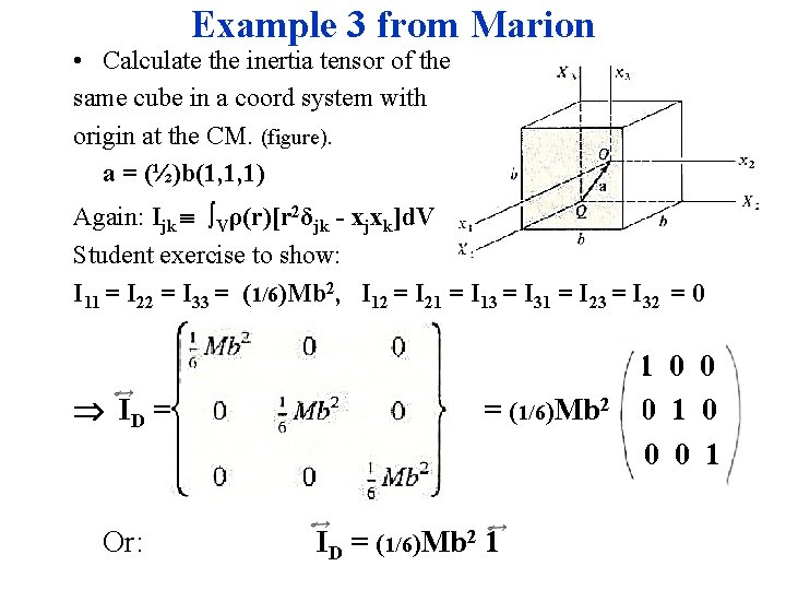 Example 3 from Marion • Calculate the inertia tensor of the same cube in Example 3 from Marion • Calculate the inertia tensor of the same cube in