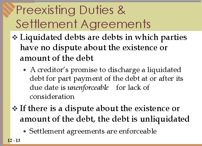 Preexisting Duties & Settlement Agreements v Liquidated debts are debts in which parties have