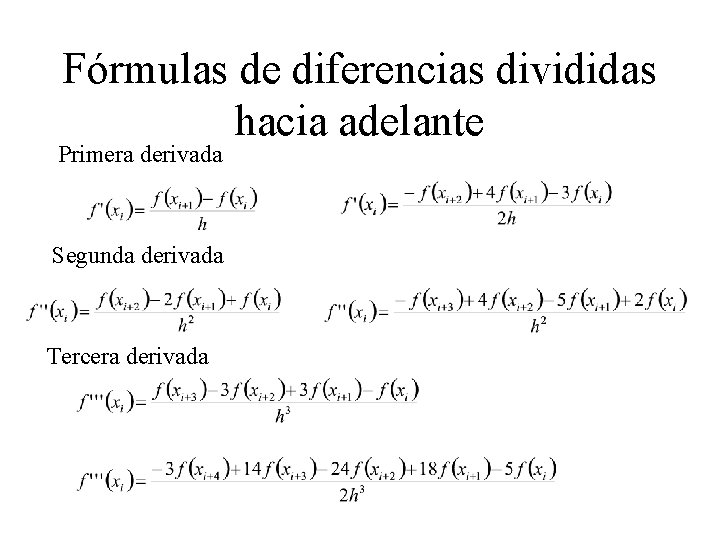 Fórmulas de diferencias divididas hacia adelante Primera derivada Segunda derivada Tercera derivada 