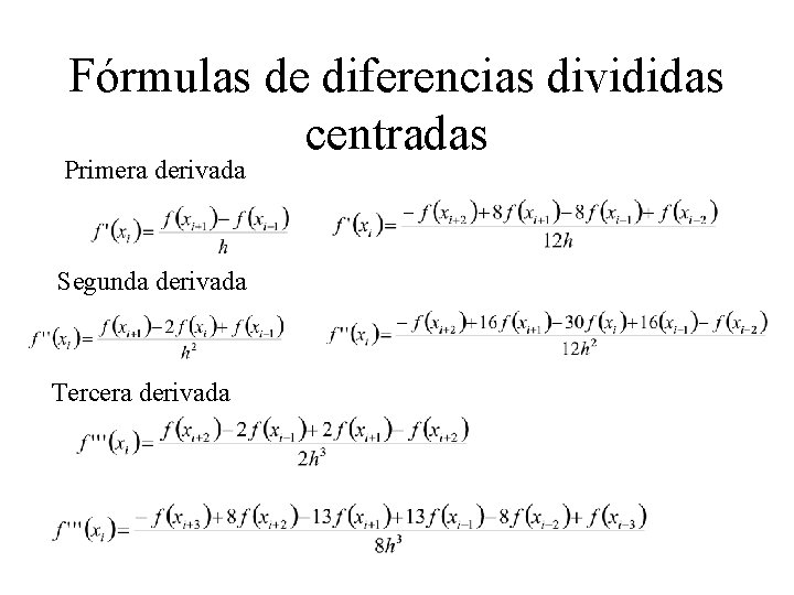 Fórmulas de diferencias divididas centradas Primera derivada Segunda derivada Tercera derivada 