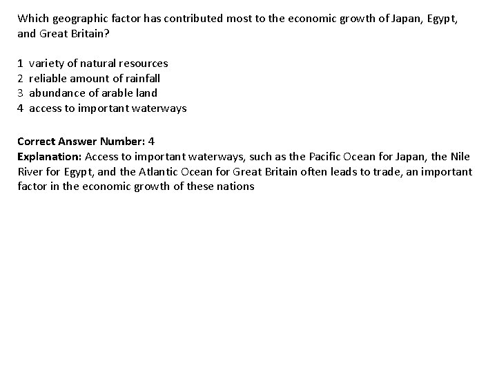 Which geographic factor has contributed most to the economic growth of Japan, Egypt, and