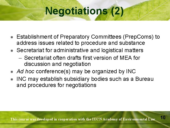 Negotiations (2) Establishment of Preparatory Committees (Prep. Coms) to address issues related to procedure