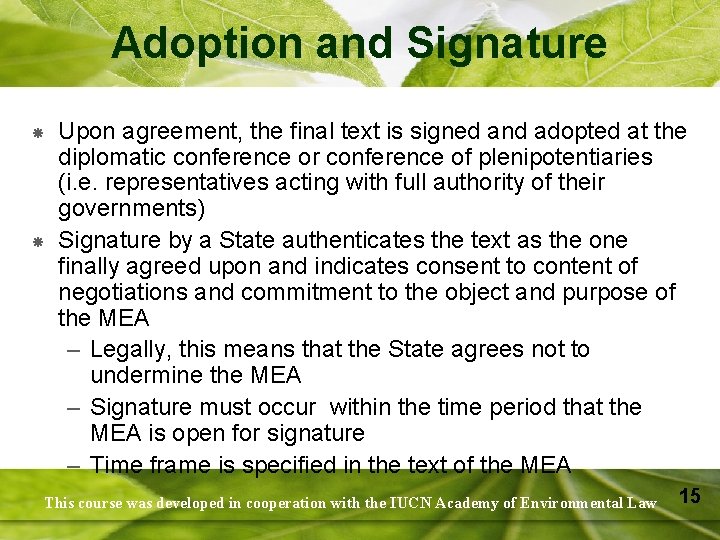 Adoption and Signature Upon agreement, the final text is signed and adopted at the