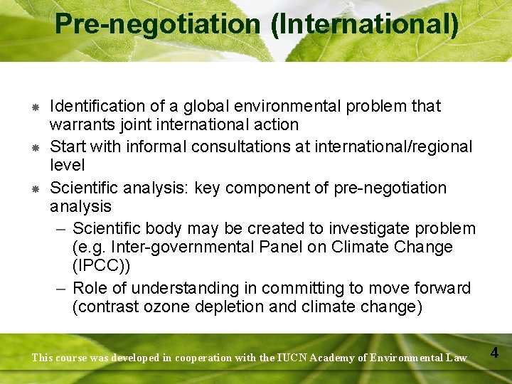 Pre-negotiation (International) Identification of a global environmental problem that warrants joint international action Start