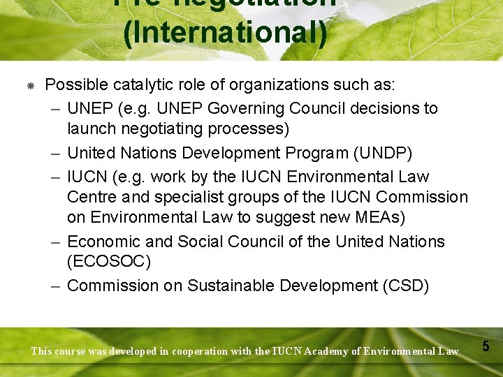 Pre-negotiation (International) Possible catalytic role of organizations such as: – UNEP (e. g. UNEP