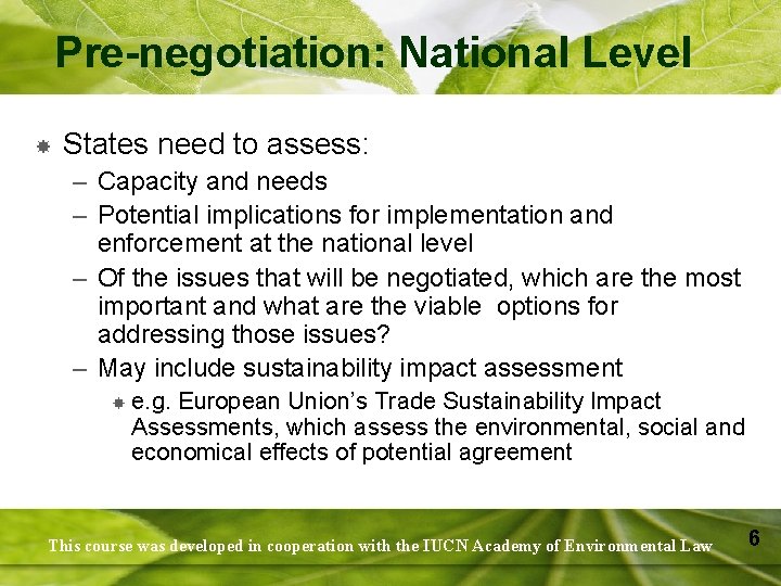 Pre-negotiation: National Level States need to assess: – Capacity and needs – Potential implications