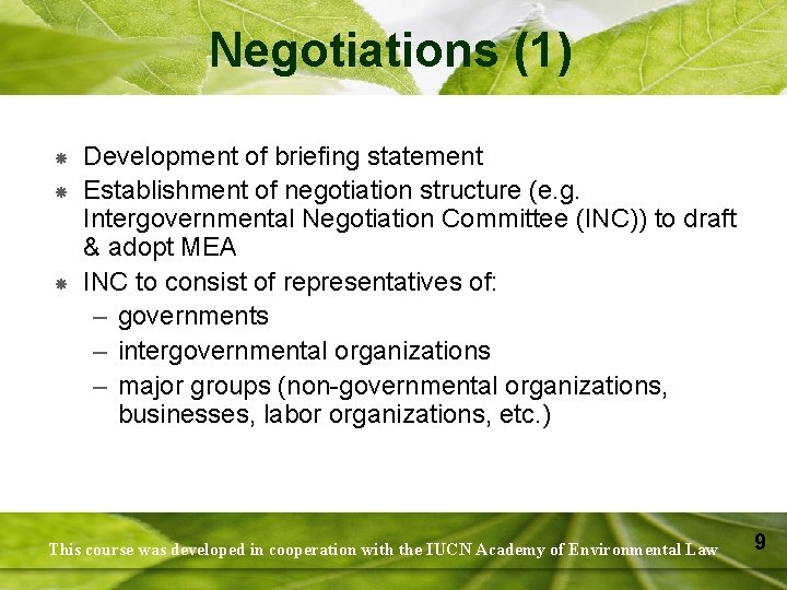 Negotiations (1) Development of briefing statement Establishment of negotiation structure (e. g. Intergovernmental Negotiation