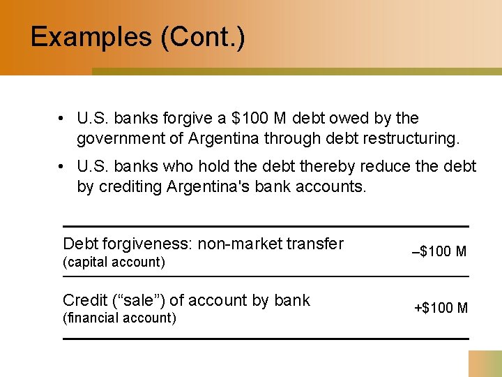 Examples (Cont. ) • U. S. banks forgive a $100 M debt owed by