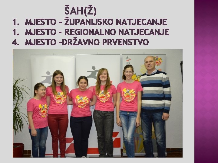 ŠAH(Ž) 1. MJESTO – ŽUPANIJSKO NATJECANJE 1. MJESTO - REGIONALNO NATJECANJE 4. MJESTO –DRŽAVNO