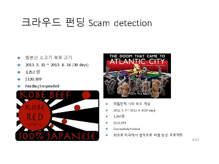 크라우드 펀딩 Scam detection u 일본산 소고기 육포 고기 u 2013. 5. 15 ~