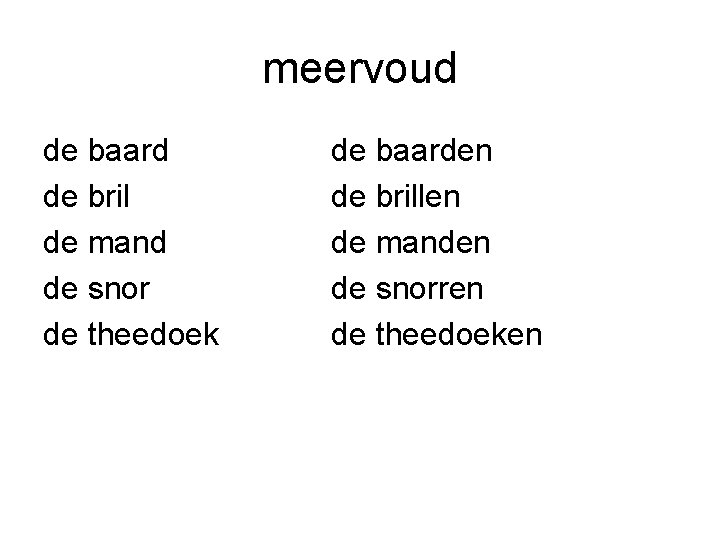 meervoud de baard de bril de mand de snor de theedoek de baarden de