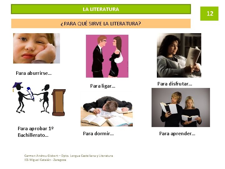 LA LITERATURA 12 ¿PARA QUÉ SIRVE LA LITERATURA? Para aburrirse… Para ligar… Para aprobar