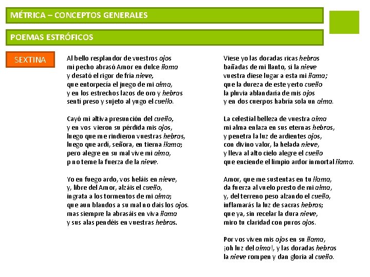 MÉTRICA – CONCEPTOS GENERALES POEMAS ESTRÓFICOS SEXTINA Al bello resplandor de vuestros ojos mi