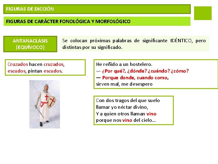 FIGURAS DE DICCIÓN FIGURAS DE CARÁCTER FONOLÓGICA Y MORFOLÓGICO ANTANACLASIS (EQUÍVOCO) Se colocan próximas