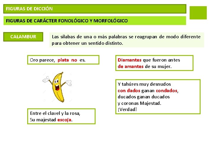 FIGURAS DE DICCIÓN FIGURAS DE CARÁCTER FONOLÓGICO Y MORFOLÓGICO CALAMBUR Las sílabas de una