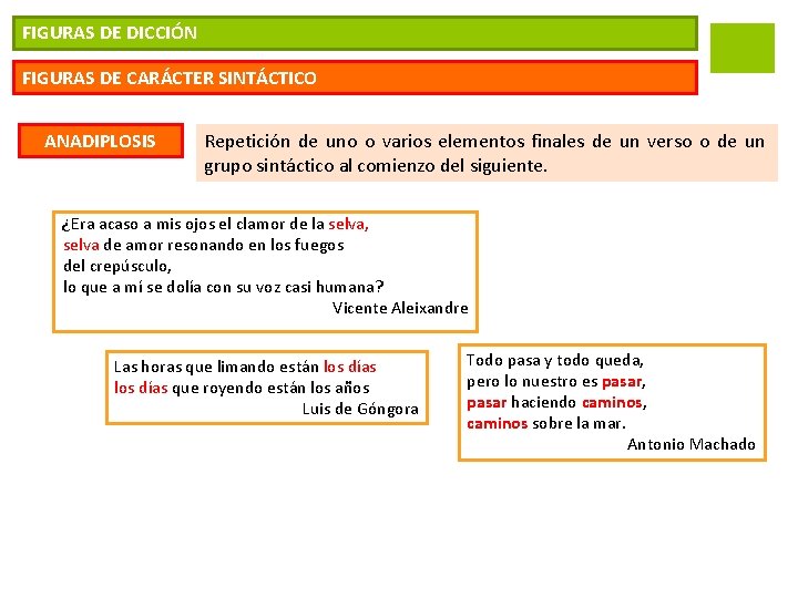 FIGURAS DE DICCIÓN FIGURAS DE CARÁCTER SINTÁCTICO ANADIPLOSIS Repetición de uno o varios elementos