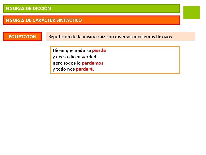 FIGURAS DE DICCIÓN FIGURAS DE CARÁCTER SINTÁCTICO POLIPTOTON Repetición de la misma raíz con
