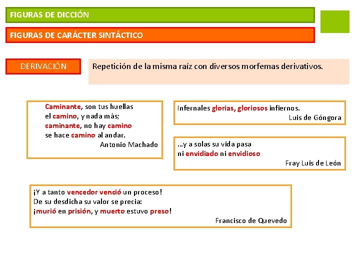 FIGURAS DE DICCIÓN FIGURAS DE CARÁCTER SINTÁCTICO DERIVACIÓN Repetición de la misma raíz con