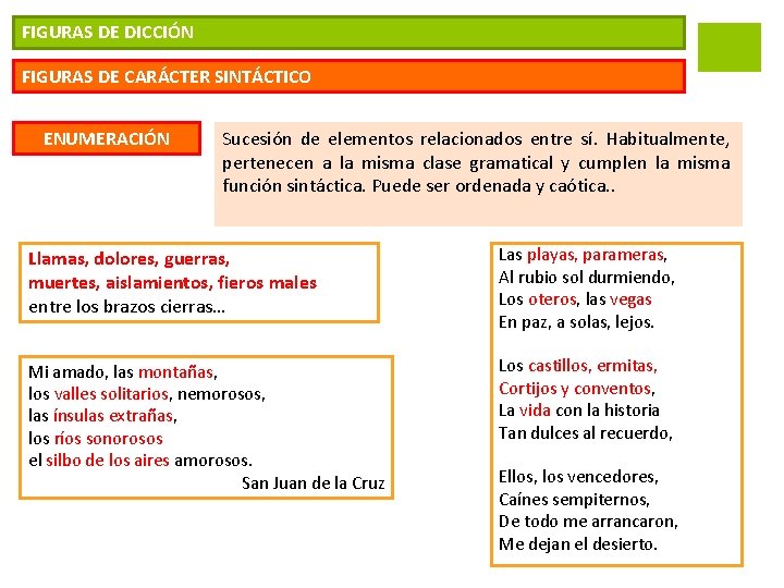 FIGURAS DE DICCIÓN FIGURAS DE CARÁCTER SINTÁCTICO ENUMERACIÓN Sucesión de elementos relacionados entre sí.