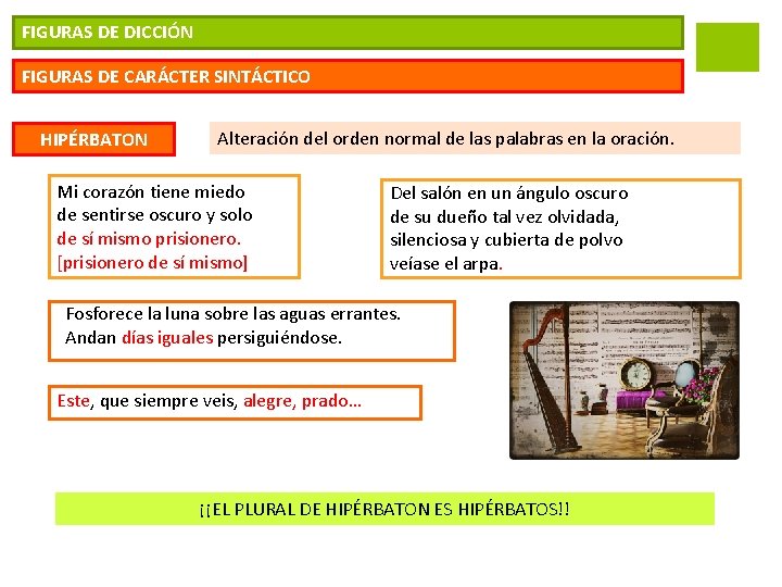 FIGURAS DE DICCIÓN FIGURAS DE CARÁCTER SINTÁCTICO HIPÉRBATON Alteración del orden normal de las