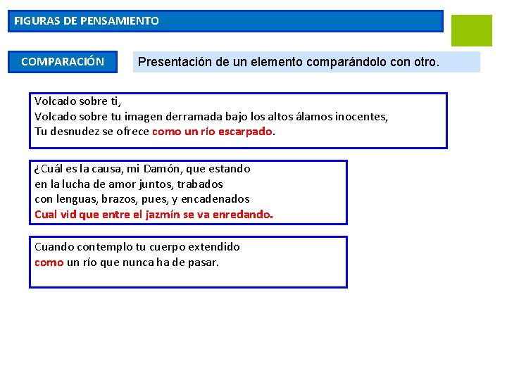 FIGURAS DE PENSAMIENTO COMPARACIÓN Presentación de un elemento comparándolo con otro. Volcado sobre ti,