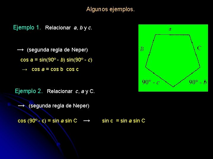Algunos ejemplos. Ejemplo 1. Relacionar a, b y c. → (segunda regla de Neper)