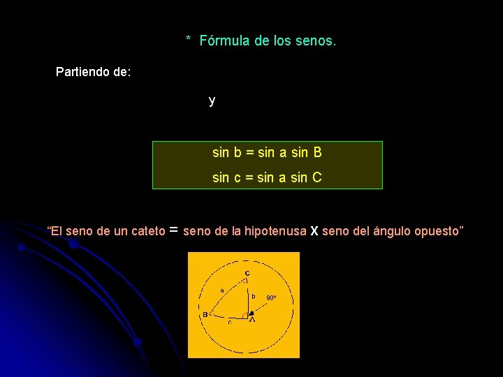 * Fórmula de los senos. Partiendo de: y sin b = sin a sin