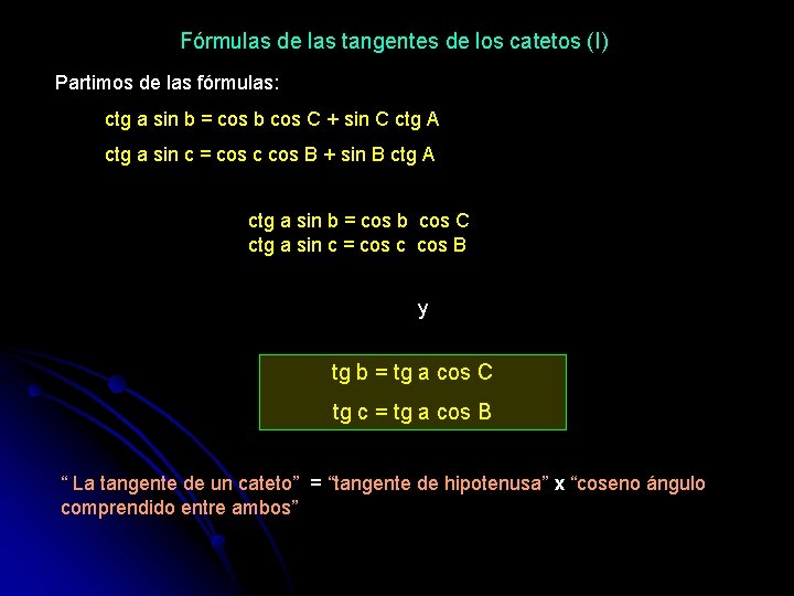 Fórmulas de las tangentes de los catetos (I) Partimos de las fórmulas: ctg a