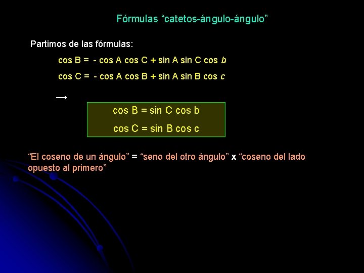 Fórmulas “catetos-ángulo” Partimos de las fórmulas: cos B = - cos A cos C