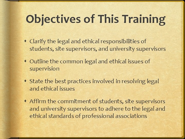 Objectives of This Training Clarify the legal and ethical responsibilities of students, site supervisors,