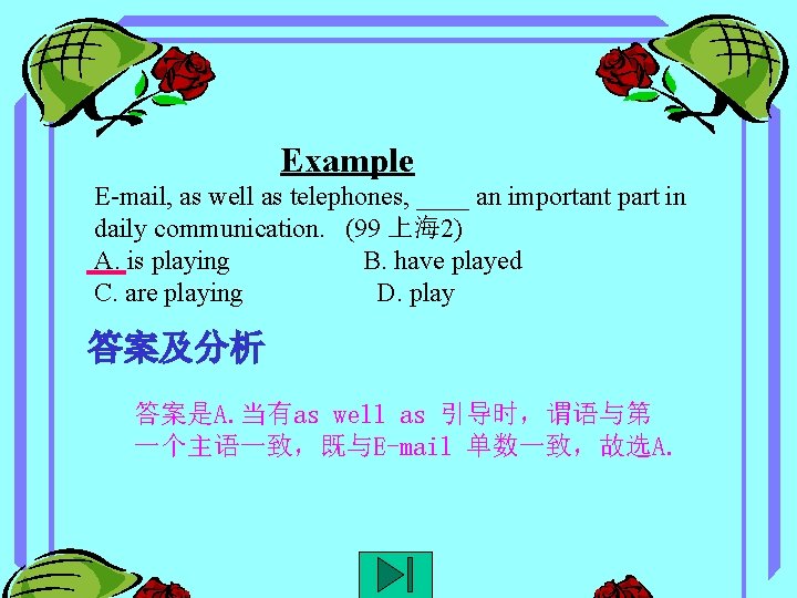 Example E-mail, as well as telephones, ____ an important part in daily communication. (99