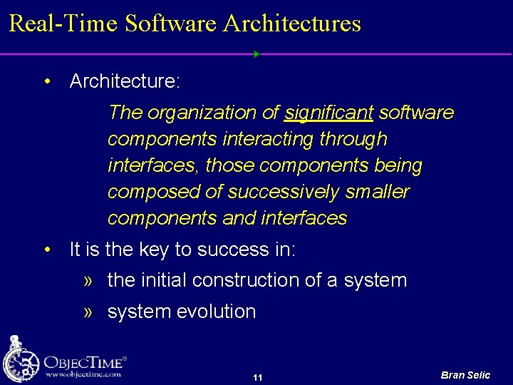 Real-Time Software Architectures • Architecture: The organization of significant software components interacting through interfaces,